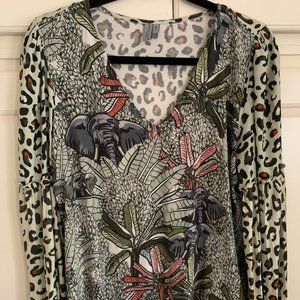 Anthropologie Blouse, Blank London, Medium, moss green with pattern